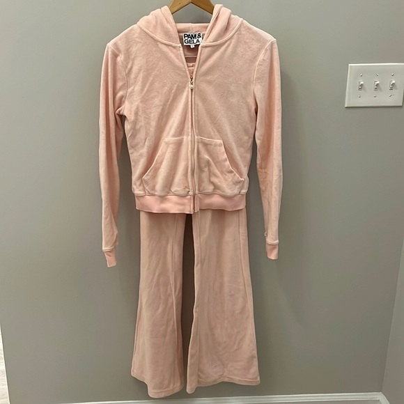 Pam + Gela Terry Zip Hoodie & Pants Two Piece Set Flared Zoe Pink Size Small - Picture 2 of 12
